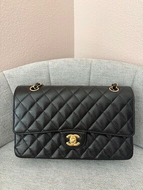CHANEL Black Cavier Leather Classic Shoulder Bag with Gold Hardware Medium Size